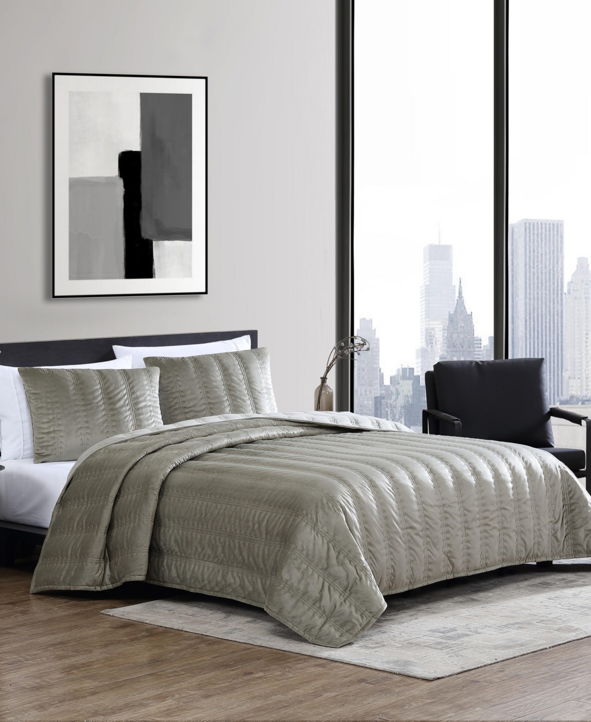 Vera Wang Closeout!  Linear Stitch Velvet 3-pc. Quilt Set, King In Gray