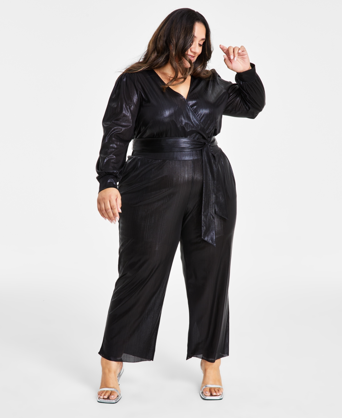 Nina Parker Trendy Plus Size Long-Sleeve Metallic Jumpsuit