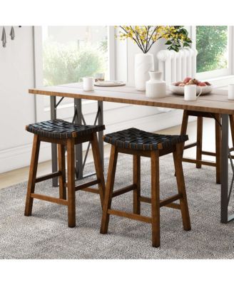 Woven Saddle Stools Set of 2 25.5'' Faux PU Leather Counter Height Kitchen Stool