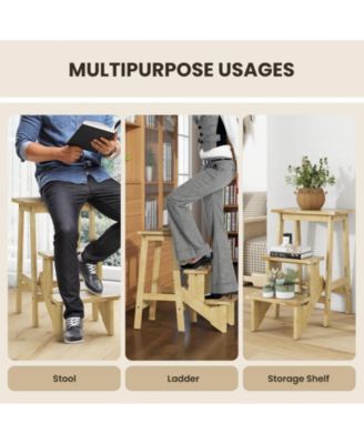 3-in-1 Rubber Wood Convenient Handle Step Stool