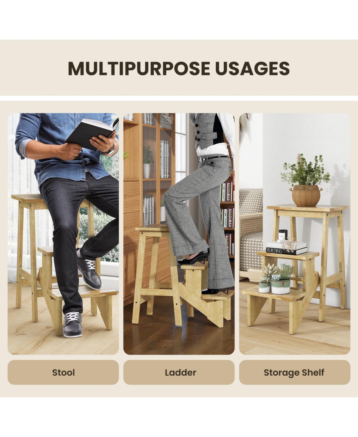 Slickblue 3-in-1 Rubber Wood Step Stool with Convenient Handle For Home