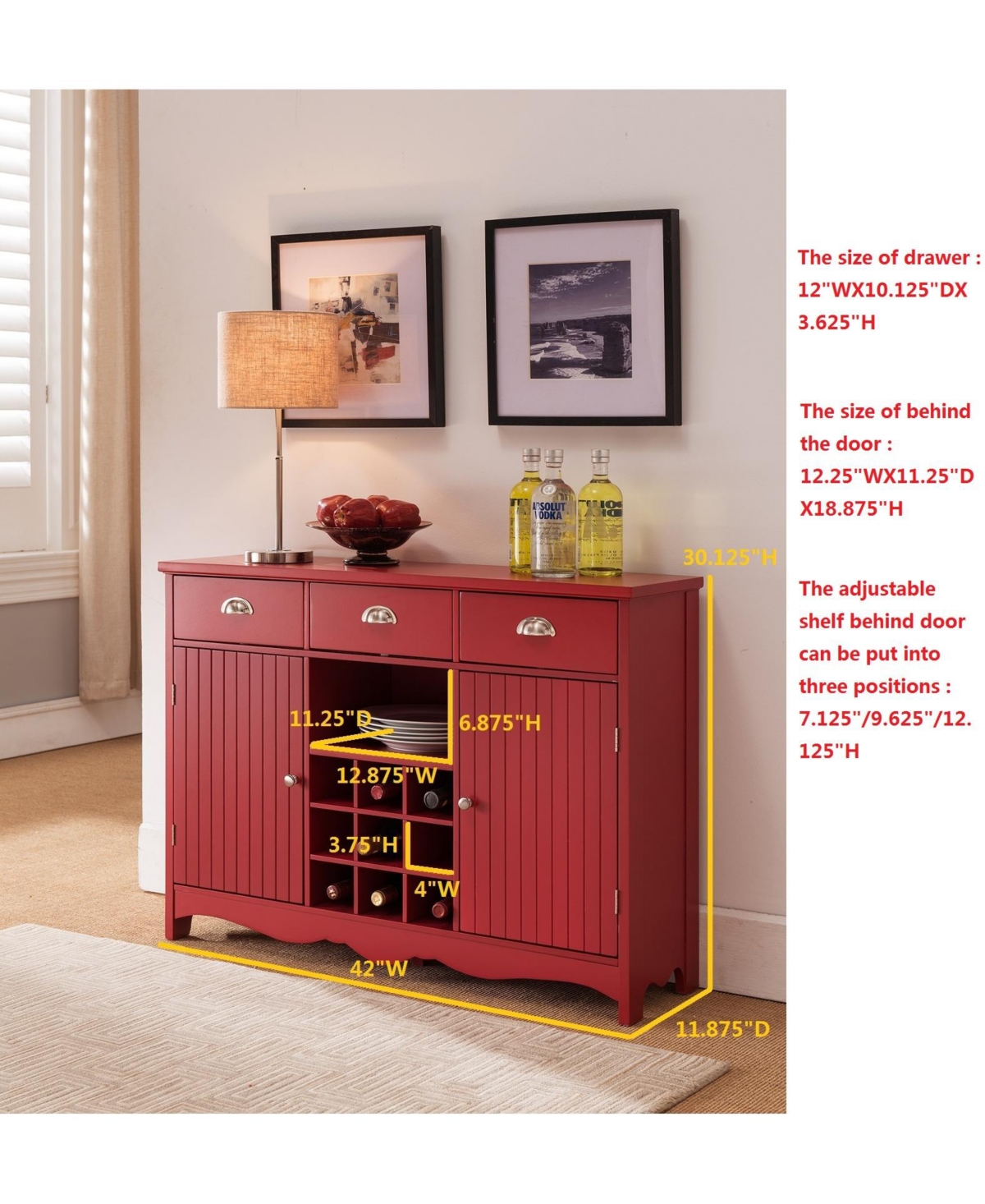Kings Brand Furniture Buffet Server Console Table With Wine Storage,Finish - Red
