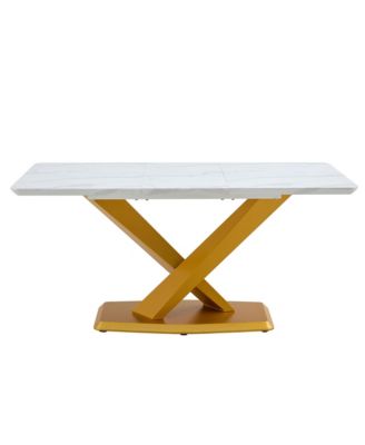 Table and chair set, The table is equipped with a marble patterned MDF tabletop and gold table legs.The chair is equipped with PU synthetic leather high back cushion and gold coated metal legs.