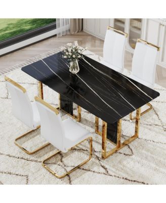 Table and chair set. Modern dining table with MDF top and beautiful MDF legs. Equipped with comfortable PU chairs and metal legs. Suitable for a wide range of decorative styles.