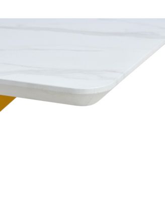 Table and chair set, The table is equipped with a marble patterned MDF tabletop and gold table legs.Dining chairs, gold legged upholstered chairs made of artificial leather.