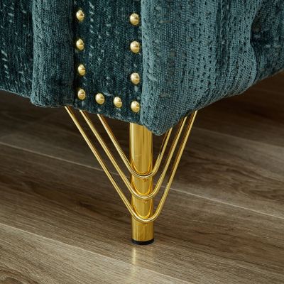 82-Inch Chenille Pull Buckle Design Sofa for Living Room, Buttons Tufted With Copper Nail Decoration Armrest, Modern Couch Upholstered Button And Metal Legs