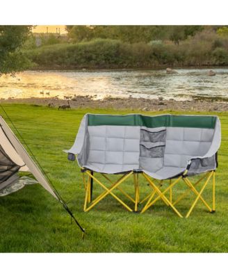 Loveseat Style Camping Chair, Oversized Folding Lawn Chair with Carry Bag & Cup Holders, for Outdoor, Beach, Picnic, Hiking, Travel, Green & Gray