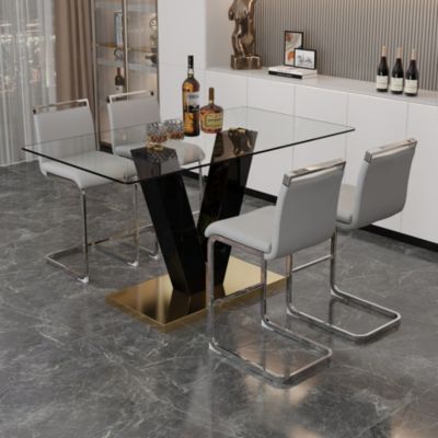 Table and chair set. A rectangular glass dining table with a 0.4-inch tempered glass tabletop and MDF board V-shaped bracket, paired with chairs consisting of PU seat cushions and silver metal legs.
