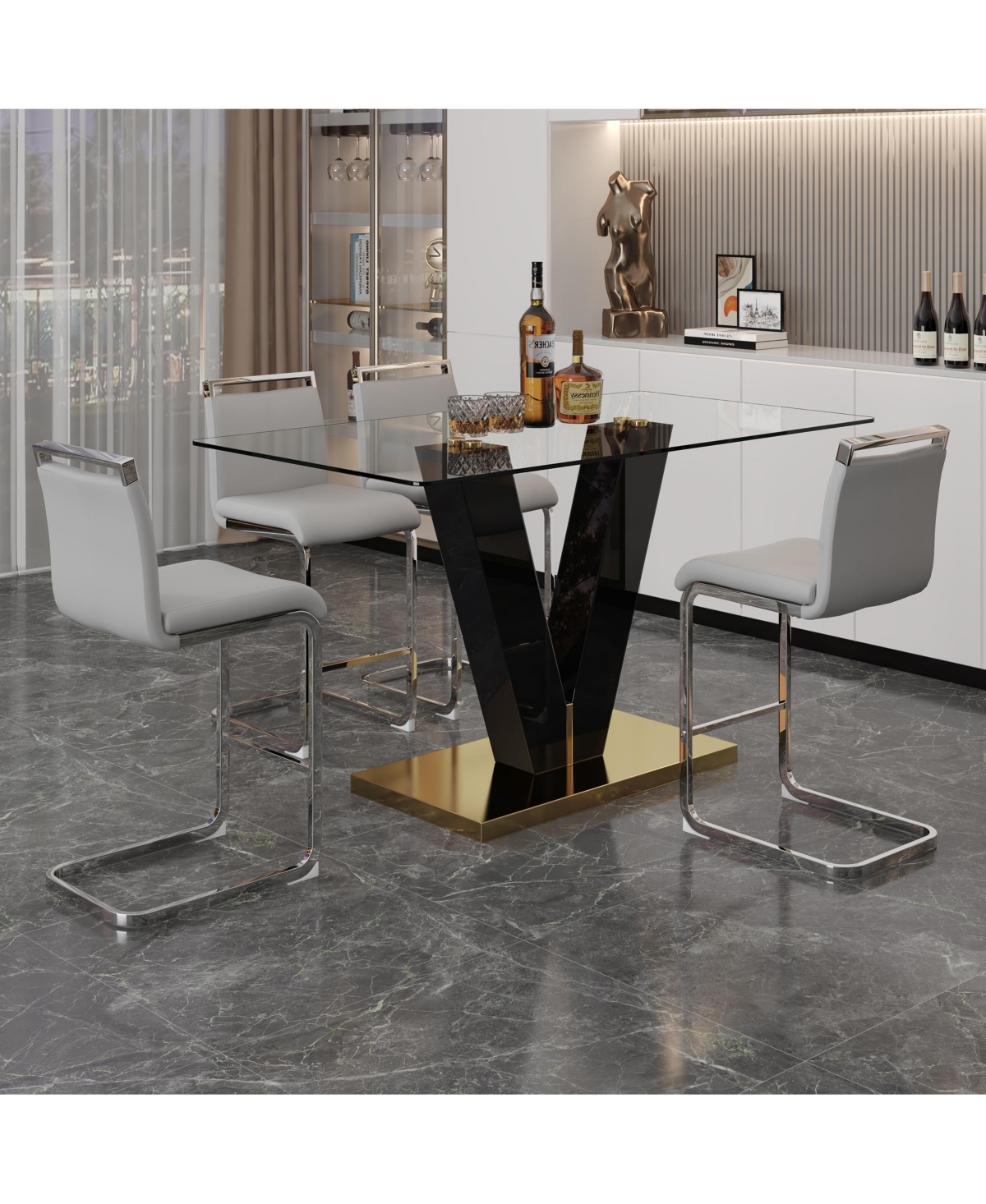 Streamdale Furniture Table and chair set. A rectangular glass dining table with a 0.4-inch tempered glass tabletop and Mdf board V-shaped bracket, pai