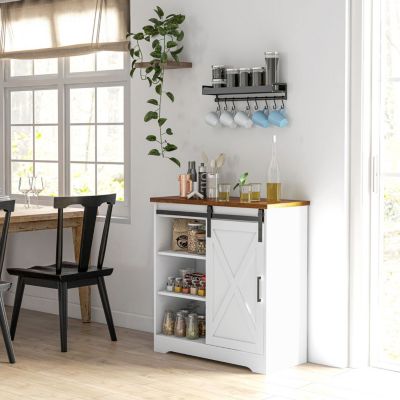 Farmhouse Coffee Bar Cabinet, 33" Buffet Sideboard with Sliding Barn Door and Adjustable Shelf, Kitchen Buffet Cabinet, White