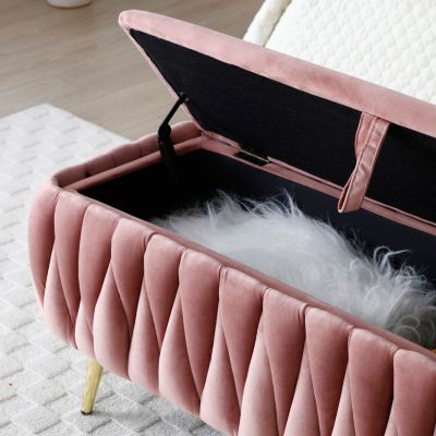 Oval Storage Bench with Gold Legs, Velvet Fabric Upholstered Ottoman Storage Benches for Bedroom End of Bed, Sherpa Fabric Bench for Living Room, Dining Room, Entryway, Bed Side, Dark Pink,5 colors
