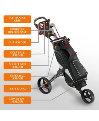 Foldable 3-Wheel Golf Push Cart with Scorecard and Cup Holder
