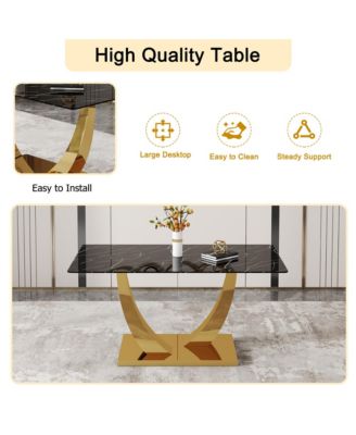 Table and chair set.Modern rectangular dining table with black textured stickers glass tabletop and gold plated metal legs.Paired with 4 comfortable chairs with PU seats and black metal legs.