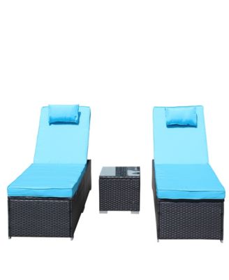 3-Piece Outdoor Patio Furniture Set Chaise Lounge, Patio Reclining Rattan Lounge Chair Chaise Couch Cushioned with Glass Coffee Table, Adjustable Back and Feet, Lounger Chair for Pool Garden, Blue