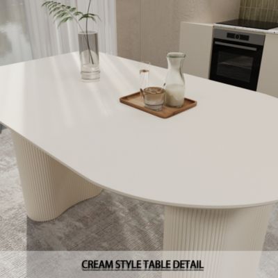 63" MDF New Cream Style Coffee Table and Modern Dining Chair 4-piece Set, Modern Fashion Kitchen Table Set, Round Wave Table Legs, Dining Table and linen Chair