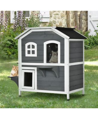 2-story Cat House Outdoor, Weatherproof Wooden Cat Enclosure for Feral Cats with Escape Door, Openable Roof, Jumping Platforms, Gray