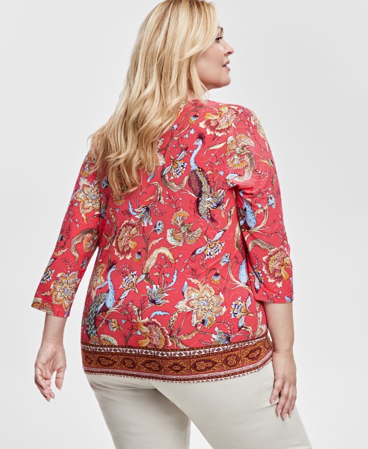 Jm Collection Plus Size Floral-Print Jacquard 3/4-Sleeve Top, Exclusively at Macy's