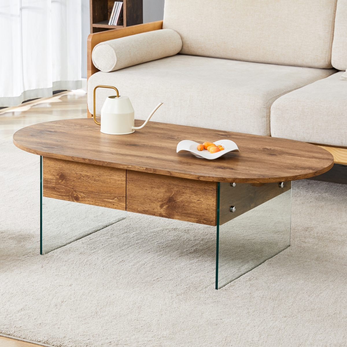 Streamdale Furniture Coffee table with double drawers. The board surface is Mdf sticker, and both sides are transparent tempered glass. The design is