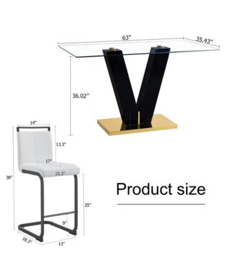 Table and chair set. A rectangular glass dining table with a 0.4-inch tempered glass tabletop and MDF board V-shaped bracket, paired with chairs consisting of PU seat cushions and black metal legs.