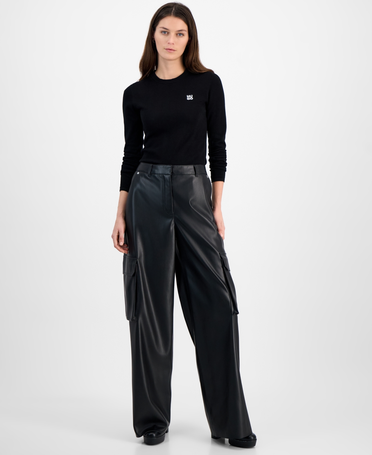 Women's Mid-Rise Faux-Leather Cargo Pants - Black
