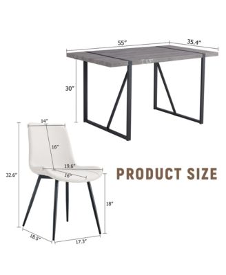 Table and chair set, textured top in vintage retro grey wood grain desktop, black metal legs. Dining chair with white faux leather backrest cushion with black metal legs.