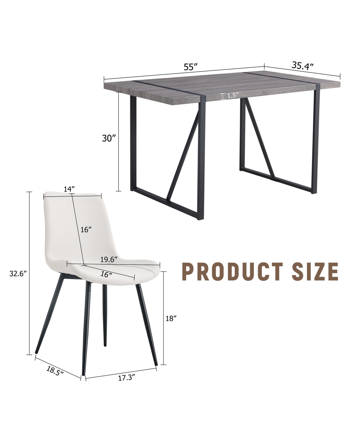 Streamdale Furniture Table and chair set, textured top in vintage retro grey wood grain desktop, black metal legs. Dining chair with white faux leathe
