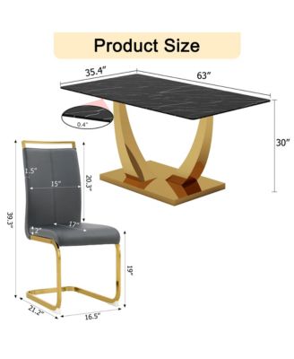Table and chair set.Modern rectangular dining table with black textured stickers glass tabletop and gold plated metal legs.Paired with 4 comfortable chairs with PU seats and golden metal legs.