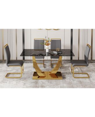 Table and chair set.Modern rectangular dining table with black textured stickers glass tabletop and gold plated metal legs.Paired with 4 comfortable chairs with PU seats and golden metal legs.