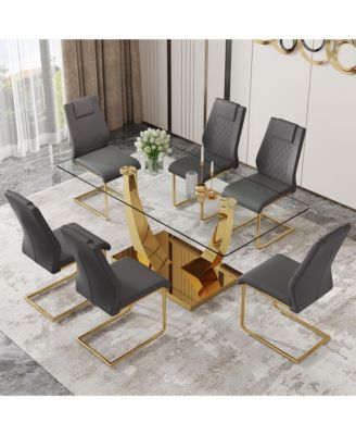 Table and chair set.Modern rectangular dining table with Transparent tempered glass tabletop and gold plated metal legs.Paired with 6 comfortable chairs with PU seats and golden metal legs.