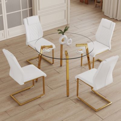Table and chair set.A Modern Minimalist Style Round Clear Tempered Glass Table with Metal Legs.Paired with white chairs with Modern PU Leather High Back Upholstered and C-Tube Golden Legs.