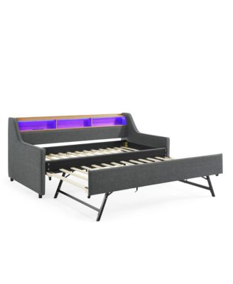 Twin Size Upholstery Sofa Bed with Three LED lights, with Storage Adjustable Headboard, with Foldable Leg Pull up Trundle Bed and Wireless Charging, Linen Padded Sofa Bed frame, Grey