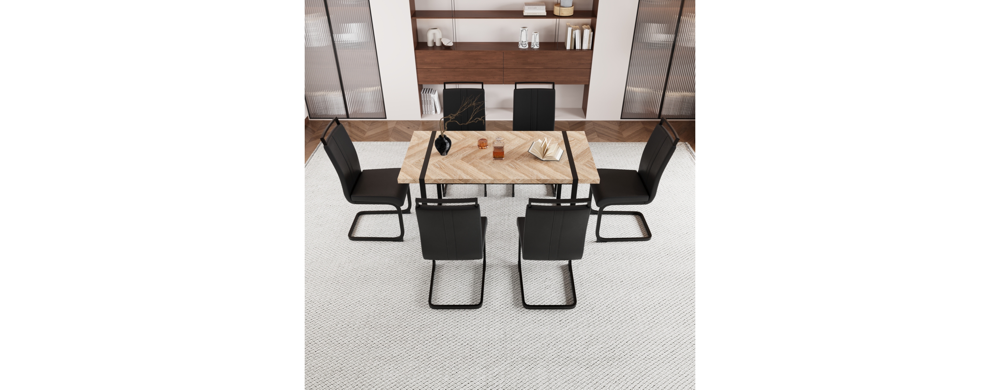 59" Rural Industrial Rectangular Mdf Light Wood Dining Table Set and Pu Armless Dining Chair Set, 6-piece. Kitchen Black Metal Table Leg Dining C