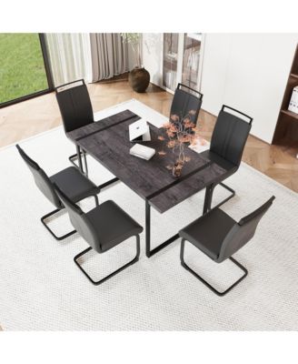 59" Rural Industrial Rectangular MDF Black Dining Table Set and PU Armless Dining Chair Set, 6 pieces. Kitchen Black Metal Table Leg Dining Chair Set