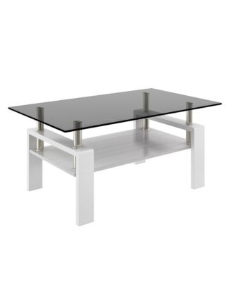 Rectangle Coffee Table, Tempered Glass Tabletop with MDF Layer, Modern Table for Living Room, Gray Glass