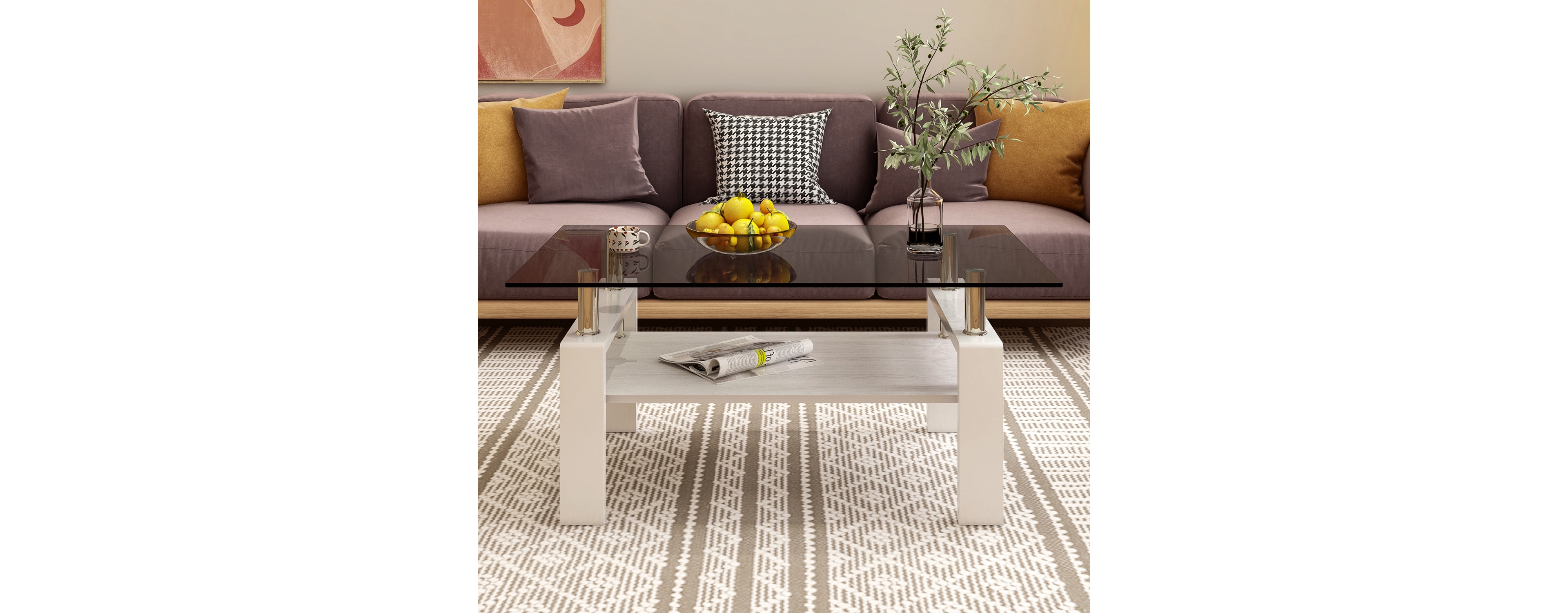 Rectangle Coffee Table, Tempered Glass Tabletop with Mdf Layer, Modern Table for Living Room, Gray Glass