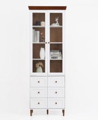 White MDF Display Cabinet with Glass Doors and Adjustable Shelves