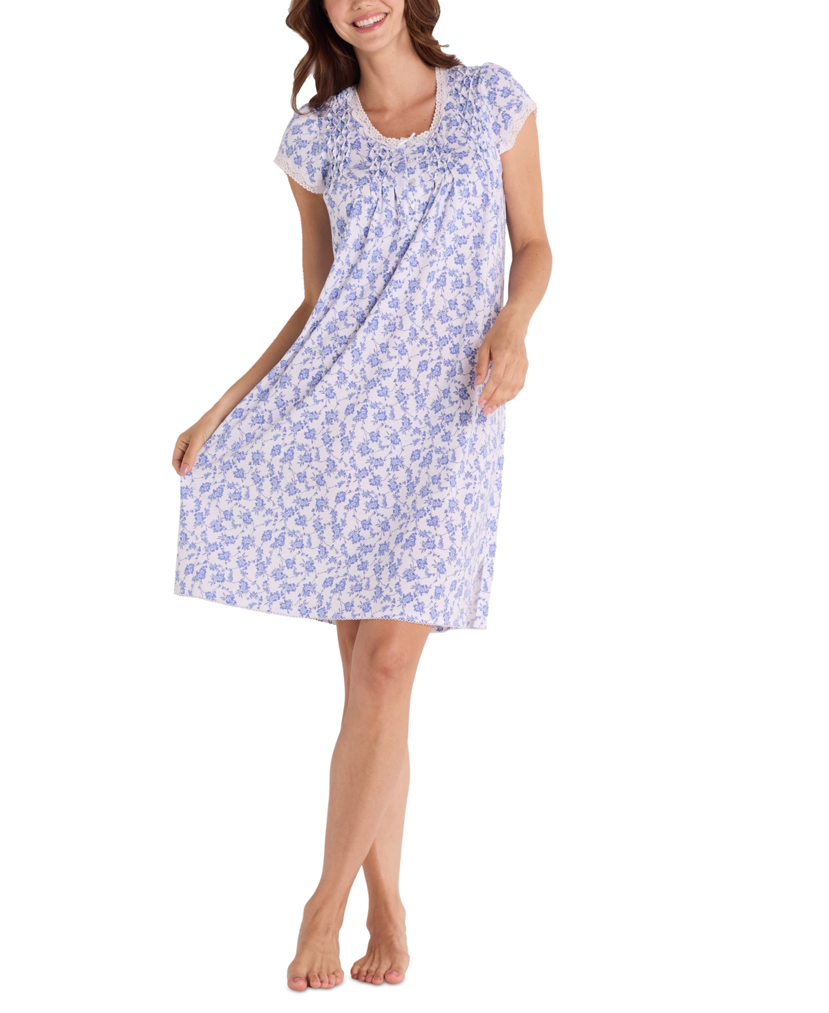 Plus Size Diamond-Yoke Lace-Trim Nightgown - Small Navy Bouquets