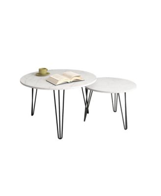 Round Nesting Coffee Table Set (2 Tables), Marble Top, Metal Base