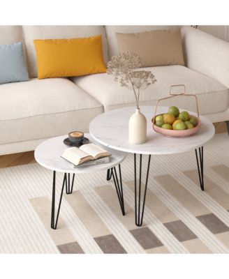 Round Nesting Coffee Table Set (2 Tables), Marble Top, Metal Base