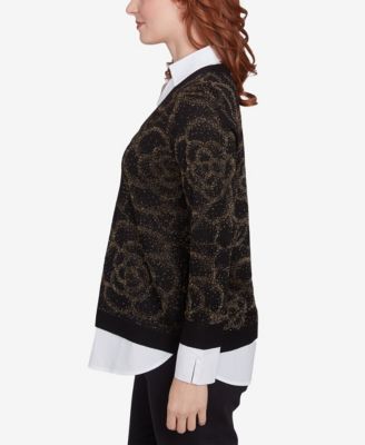 Petite Metallic Floral Layered Shirt Collar V-Neck Sweater
