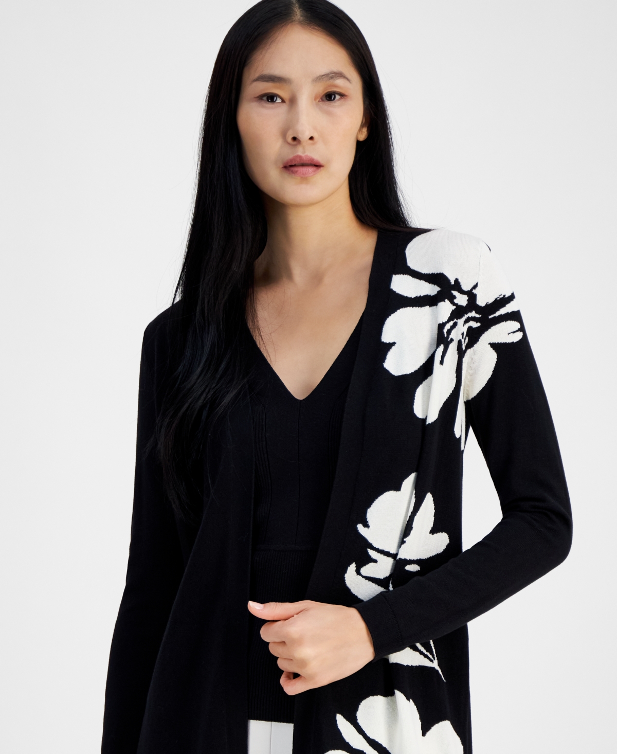 Anne Klein Women's Floral Instarsia Open-Front Cardiga -anne White