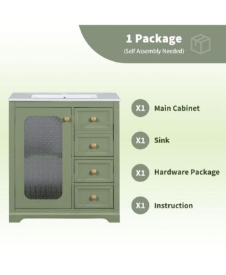 30-inch bathroom vanity with a soft close glass door, adjustable shelves, and three drawers