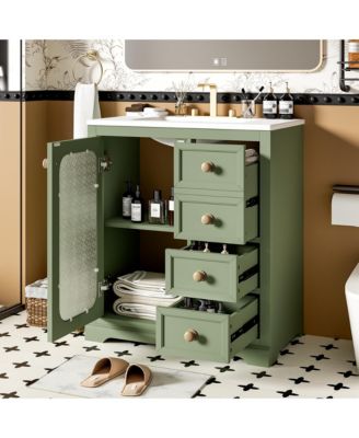 30-inch bathroom vanity with a soft close glass door, adjustable shelves, and three drawers