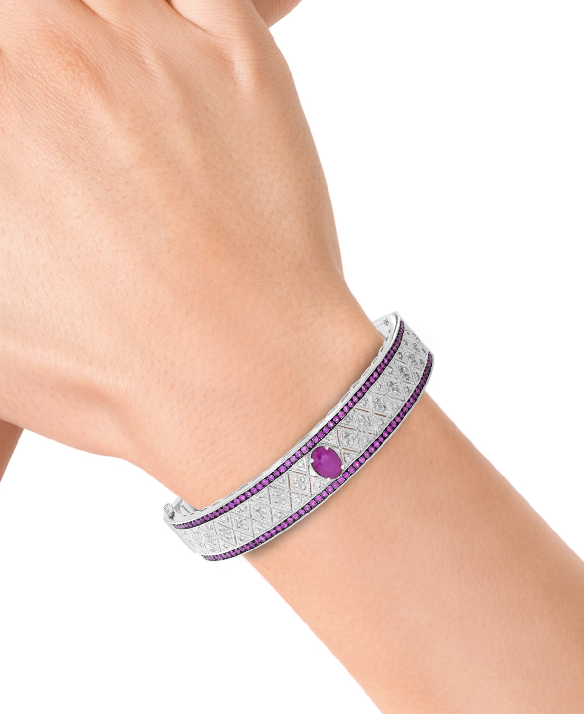 Effy Collection Effy Ruby (1-7/8 Ct. T.w.) & Diamond (1 Ct. T.w.) Filigree Bangle Bracelet In Sterling Silver In Ruby