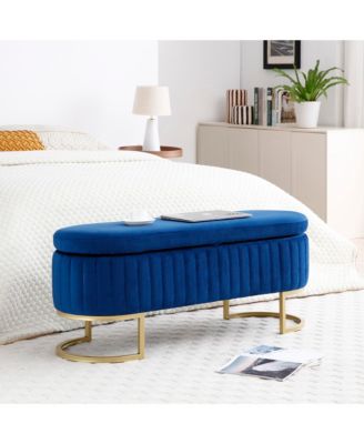 Storage Bench Bedroom Bench, Velvet Oval Upholstered End of Bed Bench with Golden Metal Legs,50" Modern Storage Ottoman Bench for Bedroom, Living Room, Entryway, Window, Blue