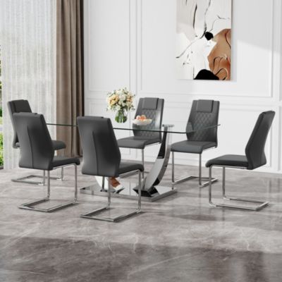 Table and chair set.Contemporary, minimalist rectangular dining table featuring a clear tempered glass top and sleek silver legs. Paired with chairs made of PU material cushion and silver metal legs.