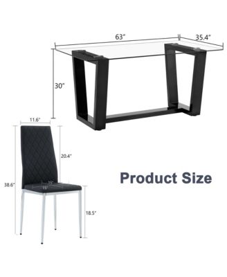 Table and chair set.A rectangular dining table features with tempered glass top and sleek black MDF stand.Paired with 4 PU chairs with checkered armless high back and electroplated metal legs.