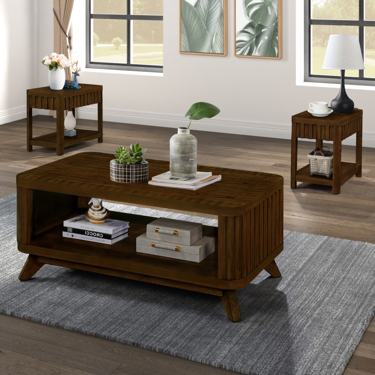 Streamdale Furniture Rectangular Living Room Coffee Table Set, 3-Piece Living Room Table Set with Solid Wood Legs, 1 Coffee Table and 2 End Table, Woo