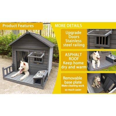 Streamdale Spacious Solid Wood Dog House with Terrace & Bowl