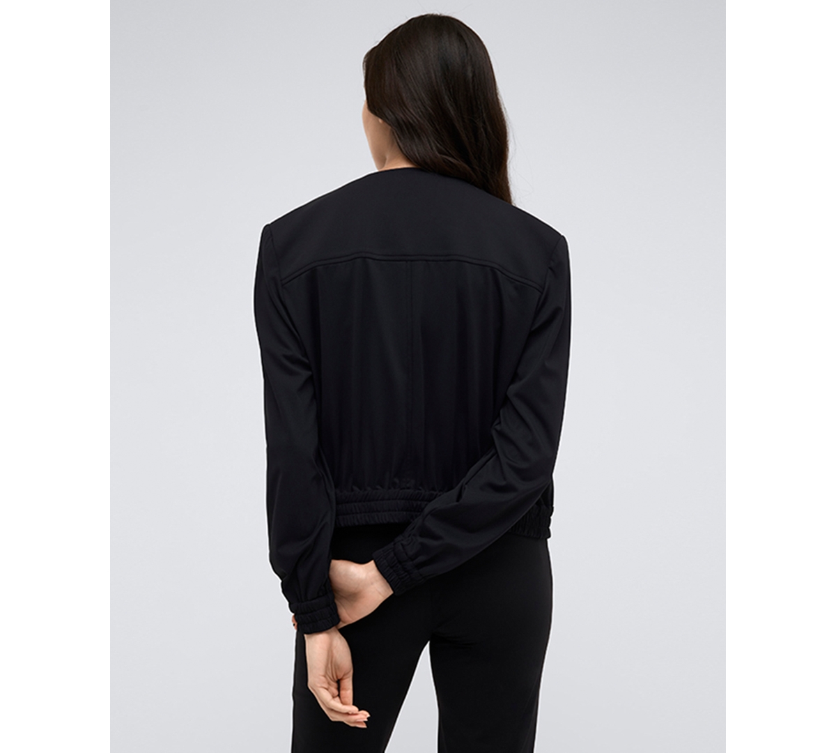 KENNETH COLE WOMEN'S COLLARLESS ATHLETIC STRETCH BOMBER JACKET 
